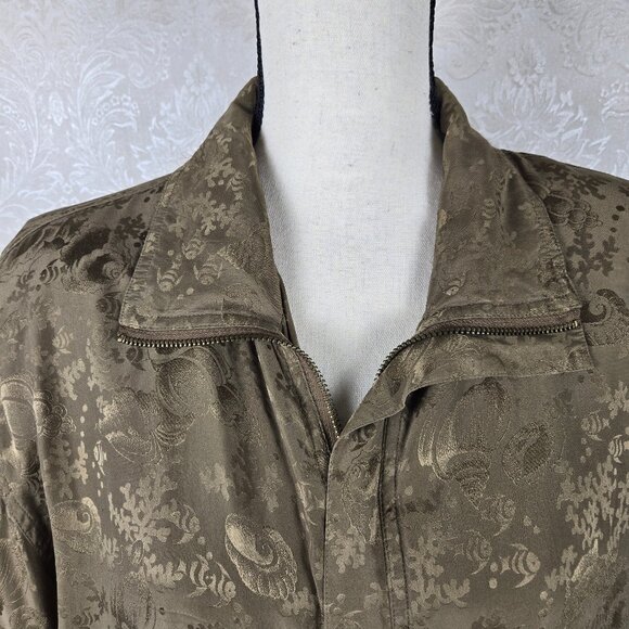 FUDA International Sz Large Olive Green 100% Silk Bomber Jacket Seashell Pattern - Picture 2 of 14